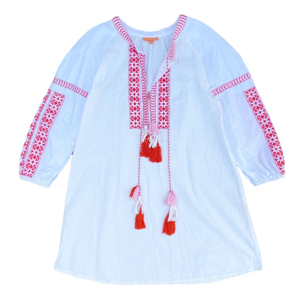OLIPHANT white and red embroidered tassel tie long sleeve tunic dress S
